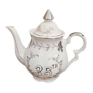 Vintage 25th Anniversary White Porcelain Teapot With Silver Accents & Floral Des